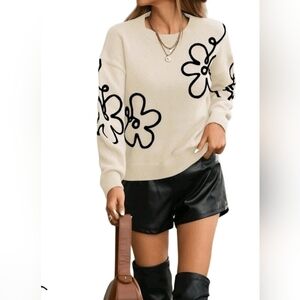 Floral Print Sweater Crew Neck Knitted Pullover Long Sleeve SMALL